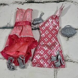 Barbie Doll Clothes Accessories Lot Fancy Pink Silver Dresses Shoes Heels Bags